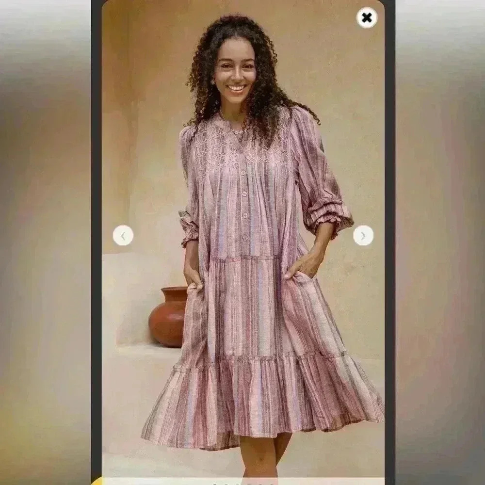 Novica Striped Embroidered Cotton A-Line Dress SZ Large